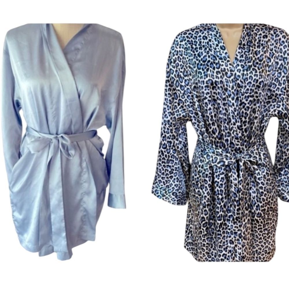 Lot Of 2 Victoria's Secret Satin Robes Long Sleeve Light Blue Leopard Print